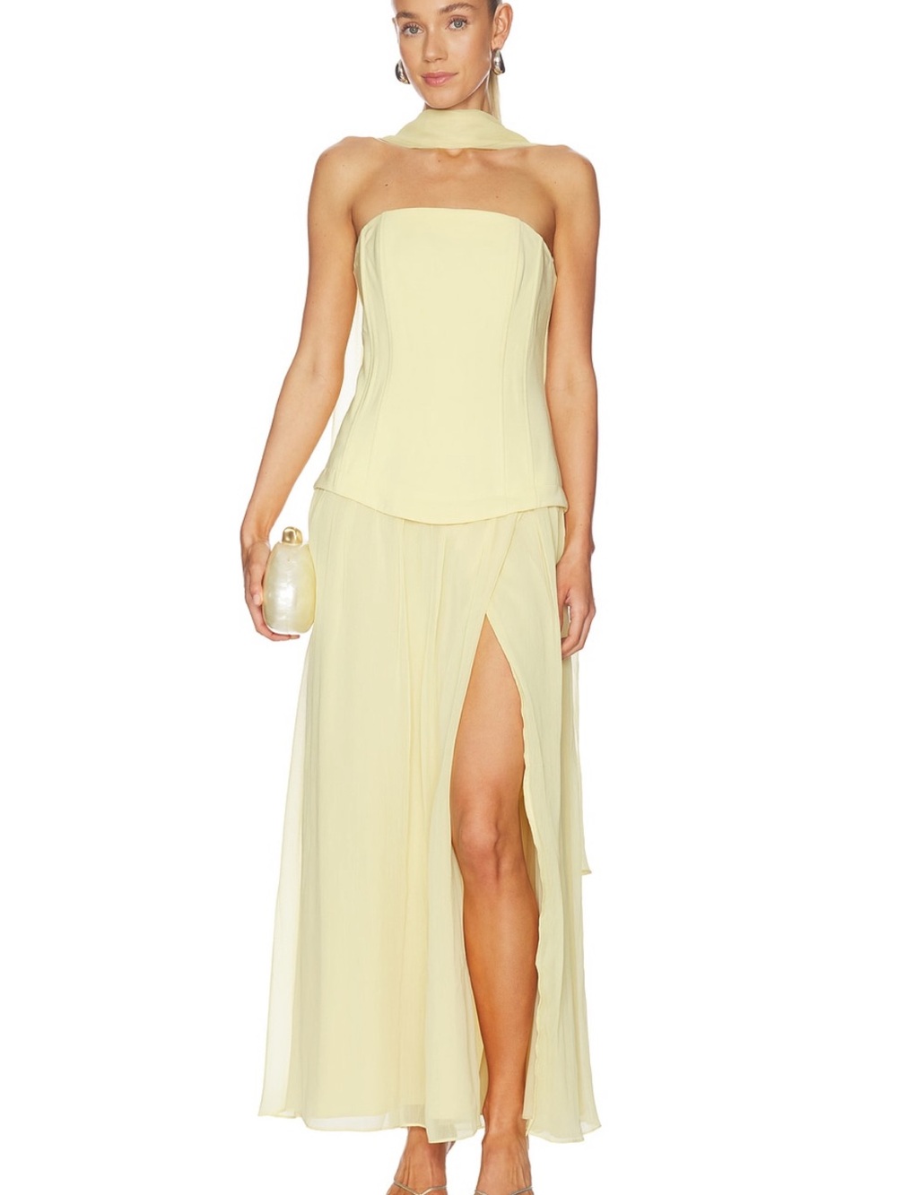 Line & Dot Pale Yellow Strapless Maxi Dress with High Slit